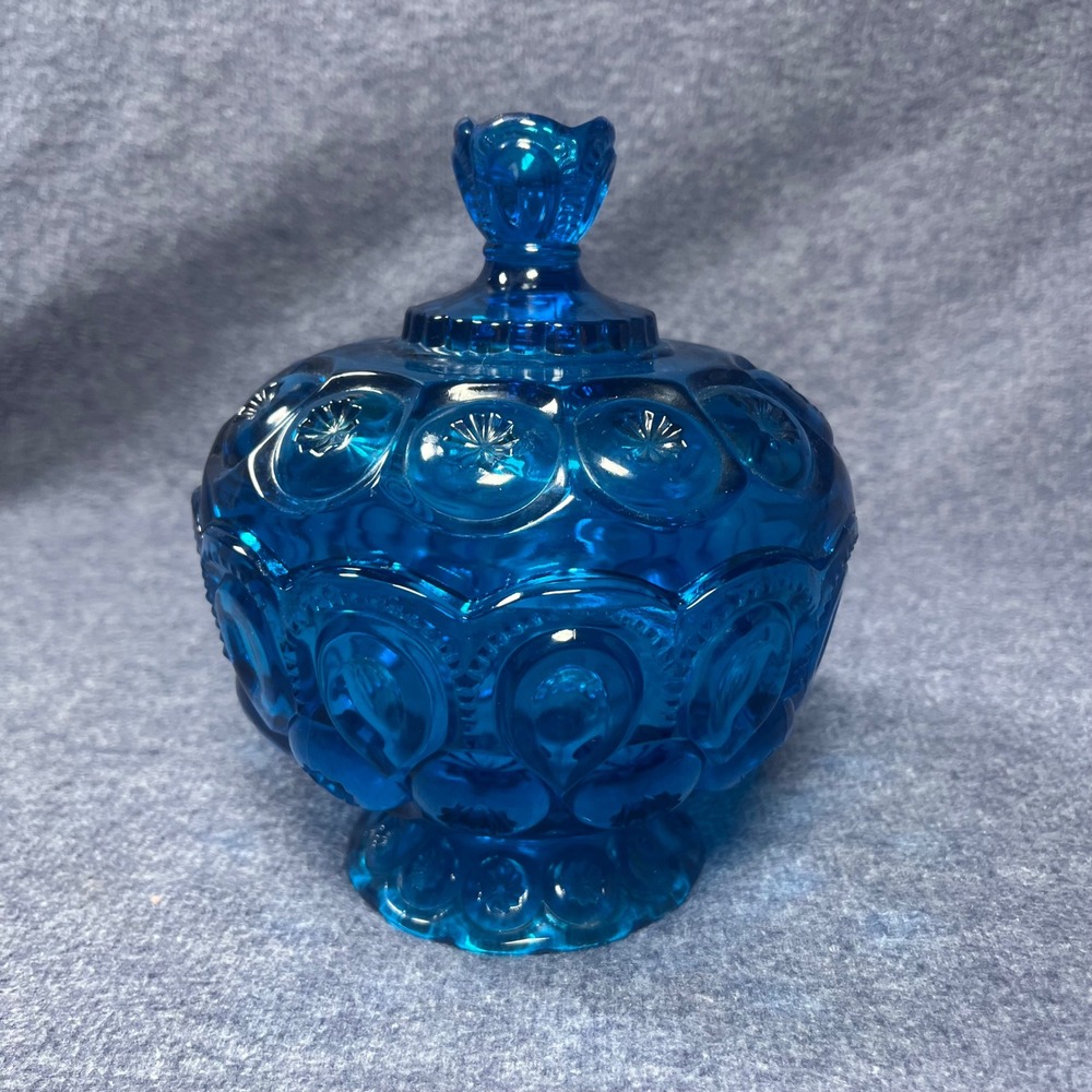 VTG LE Smith Moon & Star Blue Glass Candy Box/Dish Lidded Compote 7.5"-AS IS
